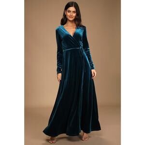 MEDIUM Lulu’s Jacinda Teal Blue Velvet Wrap Maxi Dress